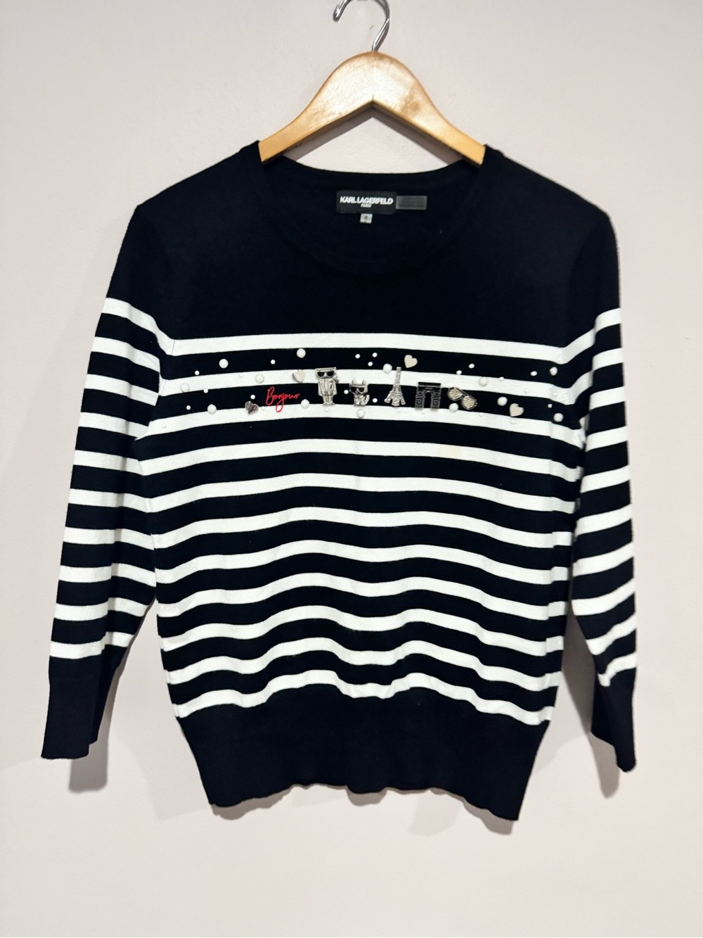 Karl Lagerfeld Paris Women’s Sport Logo Sweater  Black & White Stripe Size M